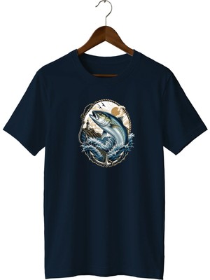  Deniz Balığı Baskılı Unisex Tişört Fishing Outdoor Denizcilik Temalı Bisiklet Yaka T-Shirt