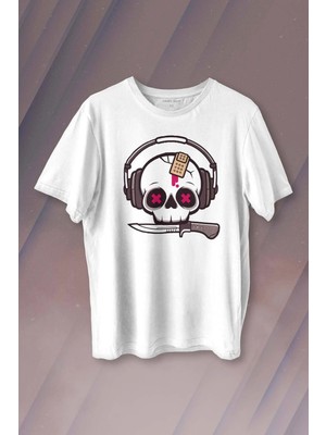  Müzik Dinleyen Kuru Kafa Kulaklık Bıçak Yara Bandı Skull Baskılı Tişört Unisex T-Shirt
