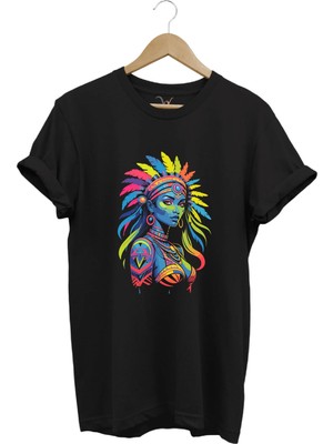  Renkli Kızılderili Baskılı %100 Pamuk Regular Fit Bisiklet Yaka Siyah T-Shirt
