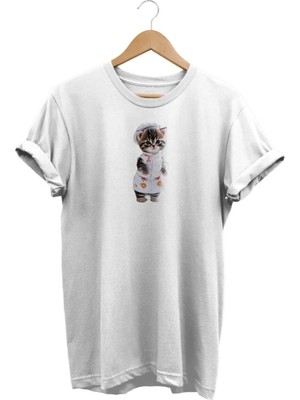  Kedi Baskılı Beyaz T-Shirt