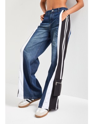 It's Basic Kadın Kot Rengi Parçalı Kumaş Bol Kesim Özel Tasarım Denim Jean