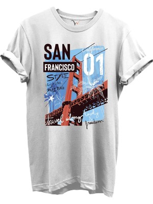  San Francisco California Yazılı Golden Gate Köprüsü Baskılı %100 Pamuk Regular Fit Unisex T-Shirt