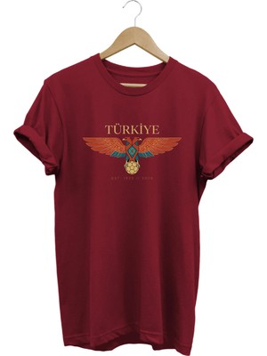  Unisex Türkiye Çift Başlı Kartal Baskılı Oversize Bisiklet Yaka T-Shirt