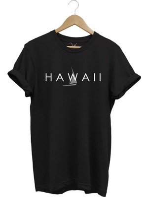  Yaz Deniz Hawaii Yazı Baskılı Tekne %100 Pamuk Regular Fit Bisiklet Yaka Siyah T-Shirt
