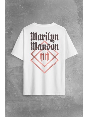  Beyaz Oversize T-Shirt Marilyn Manson Logo Rock Metal Müzik Baskılı Tişört