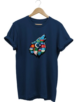  Unisex Türk Devletleri Bayraklı Bozkurt Baskılı Regular Tişört