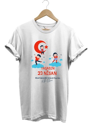  23 Nisan Çocuk Bayramı Baskılı %100 Pamuk Regular Fit Bisiklet Yaka Premium Beyaz T-Shirt