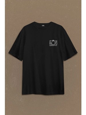 I Love Photography Fotoğrafçı Canon Nikon Sırt Ön Baskılı Oversize Tişört Unisex T-Shirt