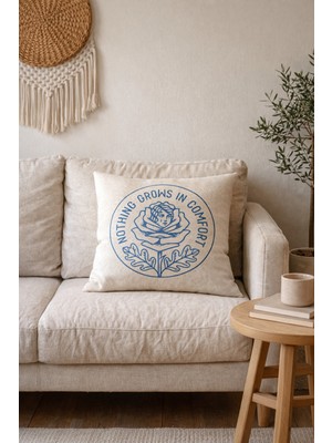 Megi Concept Dijital Baskılı Motto Yazılı Çiçek Desen Mavi Fermuarlı Minimal Bohem Dekoratif Kırlent Kılıfı- 43*43 Cm- 1 Adet