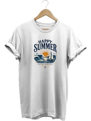  Happy Summer Unisex Deniz Dalga Baskılı Yaz Temalı Regular Kalıp Bisiklet Yaka T-Shirt