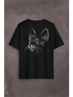  Kedi Silüeti Black Cat Çizim Sırt Ön Baskılı Oversize Tişört Unisex T-Shirt