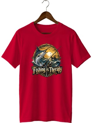  Fishing Is Therapy Baskılı Unisex Tişört Balıkçılık Outdoor Deniz Balığı Temalı Bisiklet Yaka