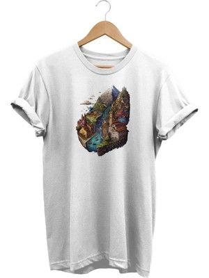  Dağ Manzaralı Baskılı Beyaz T-Shirt