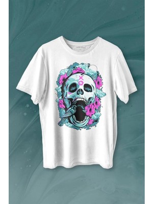  Sugar Skull Skeleton Rose Kuru Kafa Gül Baskılı Tişört Unisex T-Shirt