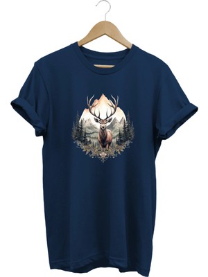 Unisex Geyik ve Dağ Manzaralı Baskılı Bisiklet Yaka Tişört T-Shirt