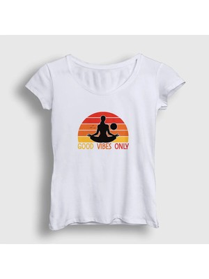  Kadın Beyaz Good Vibes Only Hediye Yoga T-Shirt 509022TT