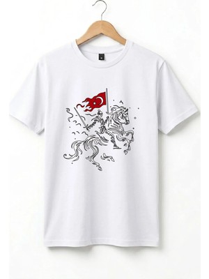  Unisex Ay Yıldız Türk Bayraklı Atlı Savaşçı Tasarım Baskılı %100 Pamuk Bisiklet Yaka Basic T-Shirt