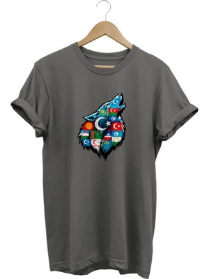  Unisex Türk Devletleri Bayraklı Bozkurt Baskılı Regular Tişört