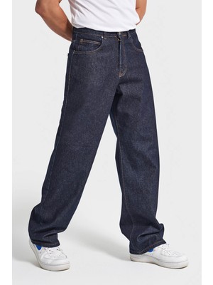 It's Basic Erkek İndigo Renk 7w5-50 TT25 Relaxed Baggy Fit İç Boy 80cm Rahat Kesim %100 Koton Denim Jean