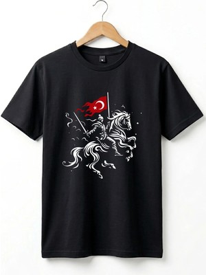  Unisex Ay Yıldız Türk Bayraklı Atlı Savaşçı Tasarım Baskılı %100 Pamuk Bisiklet Yaka Basic T-Shirt