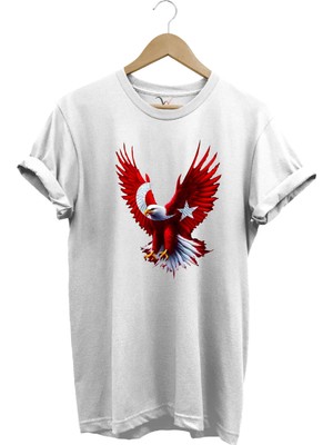  Türkiye Ay Yıldız Türk Bayrağı Kartal Tasarım Baskılı %100 Pamuk Regular Fit Bisiklet Yaka T-Shirt