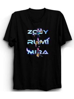  Huntrix, K-Pop Demon Hunters, Mira, Rumi, Zoey Baskılı Unisex, %100 Pamuk Tişört