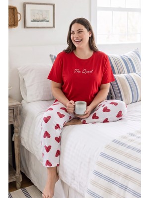 FullaModa Kalp Desenli Büyük Beden Kısa Kol Pijama Takımı