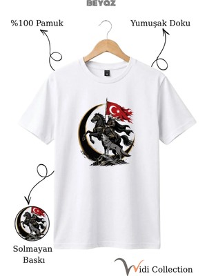  Türk Bayraklı Atlı Savaşçı Bozkurt ve Kurt Figürlü %100 Pamuk Regular Fit Unisex T-Shirt