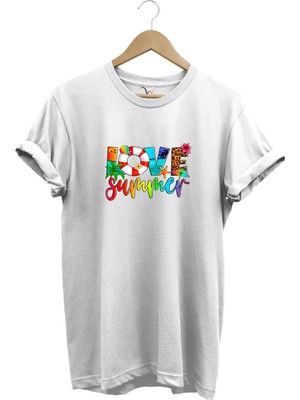  Yaz Love Summer Yazı Baskılı Deniz Sahil Kumsal Desenli %100 Pamuk Regular Fit Bisiklet Yaka T-Shirt
