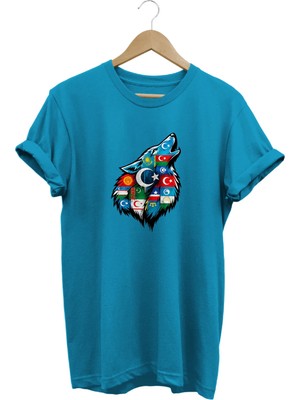  Unisex Türk Devletleri Bayraklı Bozkurt Baskılı Regular Tişört