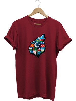  Unisex Türk Devletleri Bayraklı Bozkurt Baskılı Regular Tişört