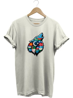  Unisex Türk Devletleri Bayraklı Bozkurt Baskılı Regular Tişört