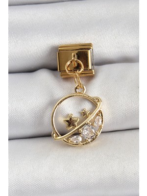 Colezium 316L Çelik Sallantılı Zirkon Taşlı Satürn Model Gold Renk Nomination Charm