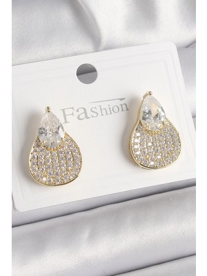 Colezium Pirinç Gold Renk Zirkon Taşlı Damla Model Kadın Küpe
