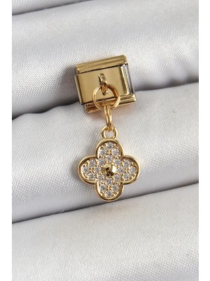 Colezium 316L Çelik Sallantılı Zirkon Taşlı Yonca Model Gold Renk Nomination Charm
