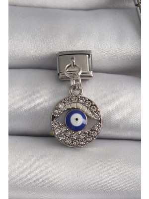 Colezium 316L Çelik Gümüş Renk Sallantı Zirkon Taşlı Göz Model Nazar Boncuk Detay Nomination Ch