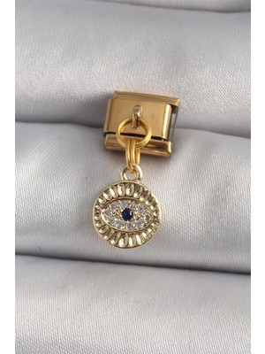 Colezium 316L Çelik Gold Renk Sallantı Zirkon Taşlı Göz Model Nomination Charm