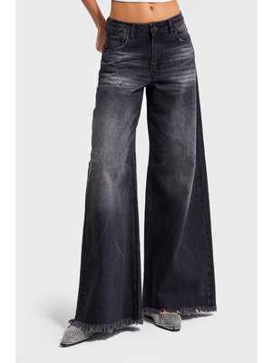 It's Basic Kadın Koyu Füme Renk 12s5-1 Palazzo Fit Paça Detaylı İç Boy 80cm %100 Koton Denim Jean