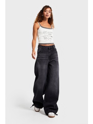 It's Basic Kadın Füme Renk 2w5-1 Straight Baggy Fit %100 Koton Paça Bağcık Detaylı Bol Kesim Denim Jean