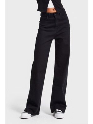 It's Basic Kadın Siyah Renk 1w5-1 Esnek Likralı Kumaş Wide Leg Fit İç Boy 80cm Denim Jean