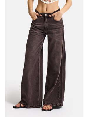 It's Basic Kadın Taşlanmış Kahve Renk 4w5-16 Palazzo Fit %100 Koton İç Boy 80cm Denim Jean
