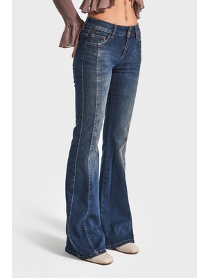 It's Basic Kadın T.Kot Rengi 2w5-8 SWL Mid Rise Flare Fit Süper Esnek Kumaş İspanyol Paça Denim Jean