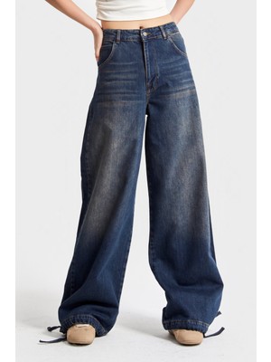 It's Basic Kadın T.Kot Rengi 2w5-8 Straight Palazzo Fit Paçası Bağcıklı Süper Bol Kesim %100 Koton Denim Jean