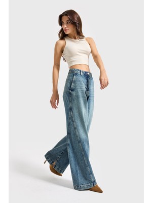 It's Basic Kadın T.Kot Rengi 4w5-31 Barrel Fit Bol Kesim İç Boy 83cm %100 Koton Denim Jean