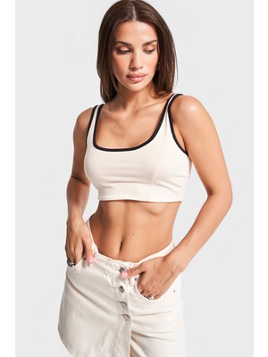 It's Basic Kadın Bej Renk s5-105 Süper Esnek Kumaş Crop Fit Askılı Sporcu Büstiyer