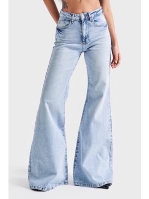 It's Basic Kadın Kot Rengi 4s5-3 MRY Flare Fit Bol Paça %100 Koton İç Boy 83cm Denim Jean