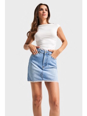 It's Basic Kadın Mavi Renk D2-S5-4 Dantel Detaylı Midi Boy 42 Cm %100 Koton Tasarım Denim Etek