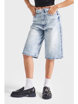 It's Basic Kadın Snow Kot Rengi 4S5-3 Maxi Boy Kemer Detaylı %100 Koton Yüksek Bel Uzun Denim Şort Bermuda