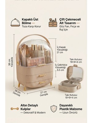 Empressco Şeffaf Çok Bölmeli Kapaklı Kozmetik Organizeri, Bej, Ikili Çekmeceli