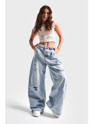 It's Basic Kadın Kot Rengi 12S5-3 Mega Baggy Fit Süper Bol %100 Koton Orta Bel Denim Jean